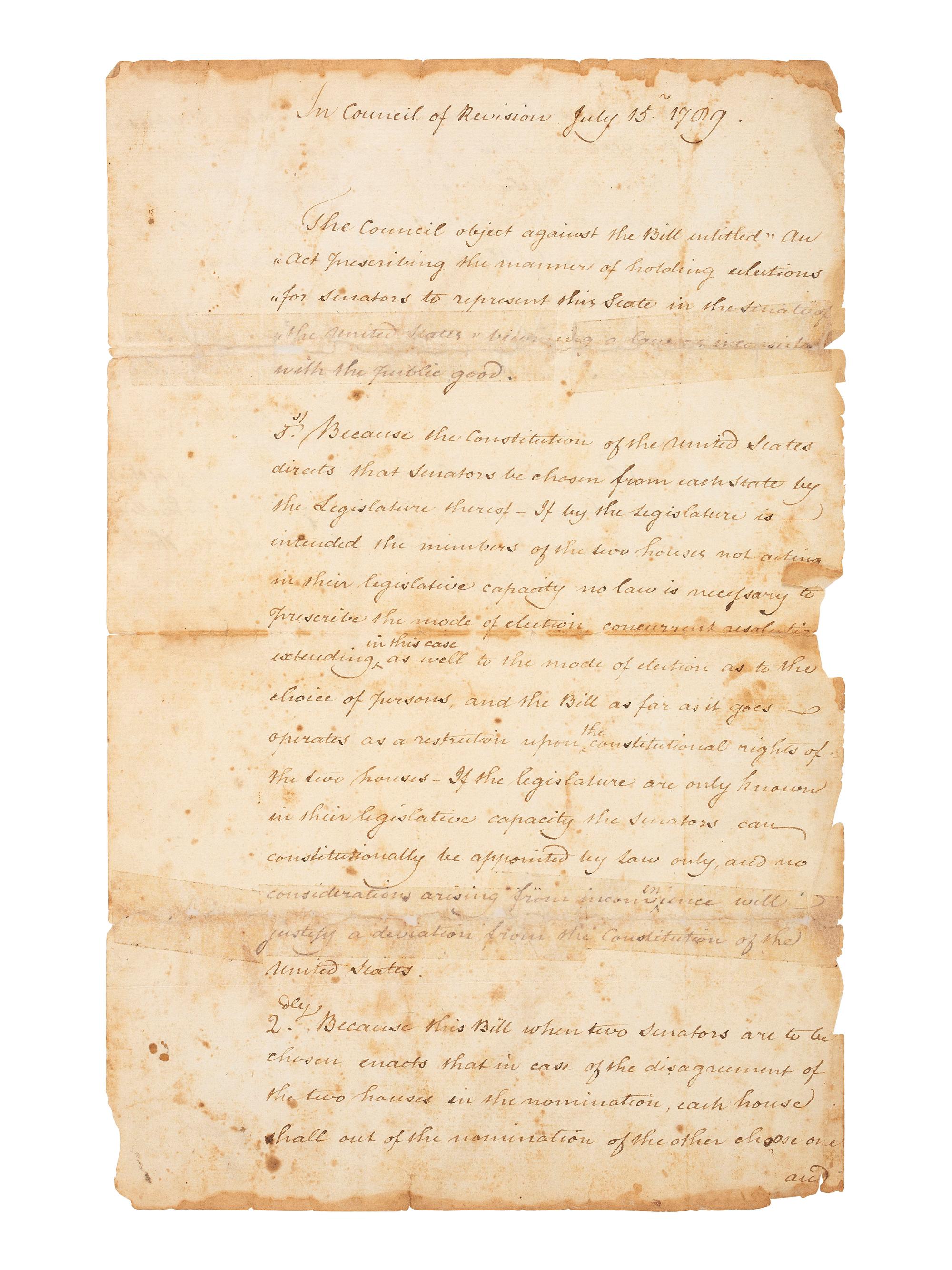 CLINTON, George (1739-1812). Council of Revision document twice-signed ("Geo. Clinton"), as Governor of New York, 15 July 1789.