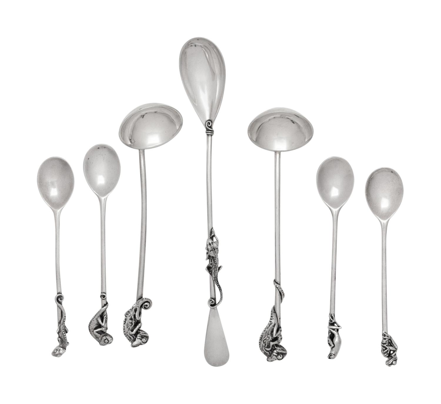 A Group of English Silver Spoons with Chameleon and Frog Handles