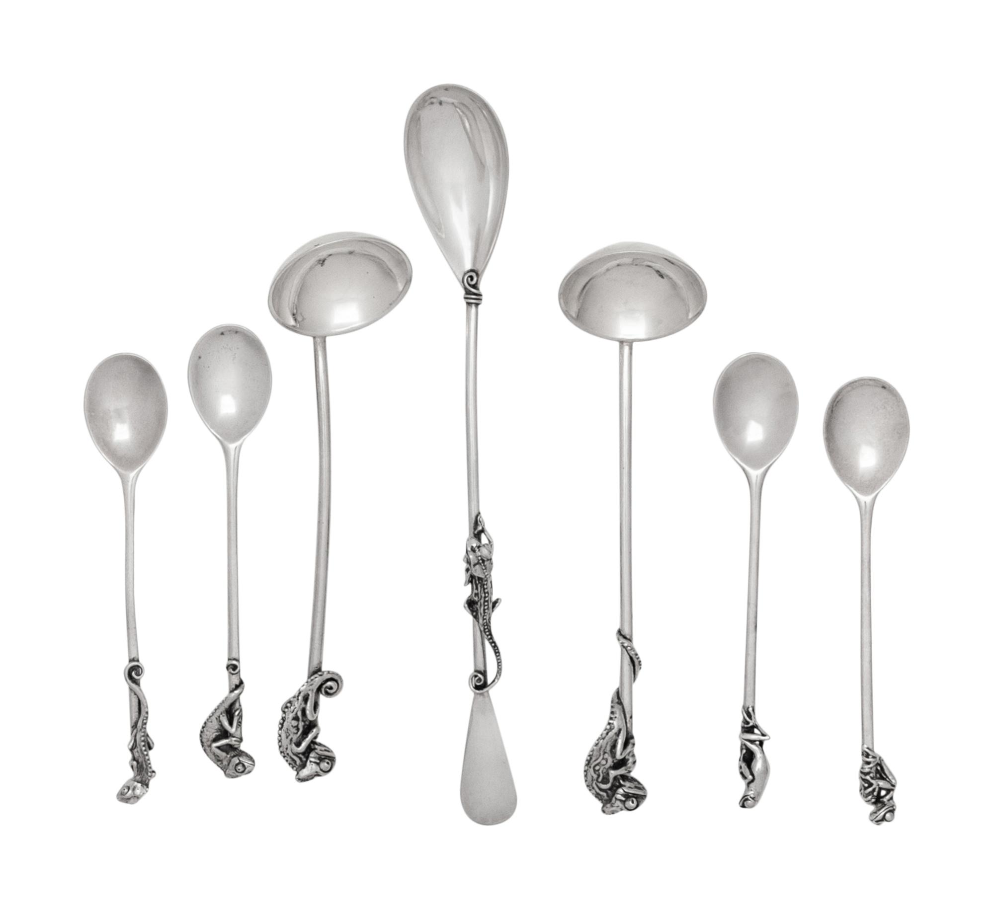 A Group of English Silver Spoons with Chameleon and Frog Handles