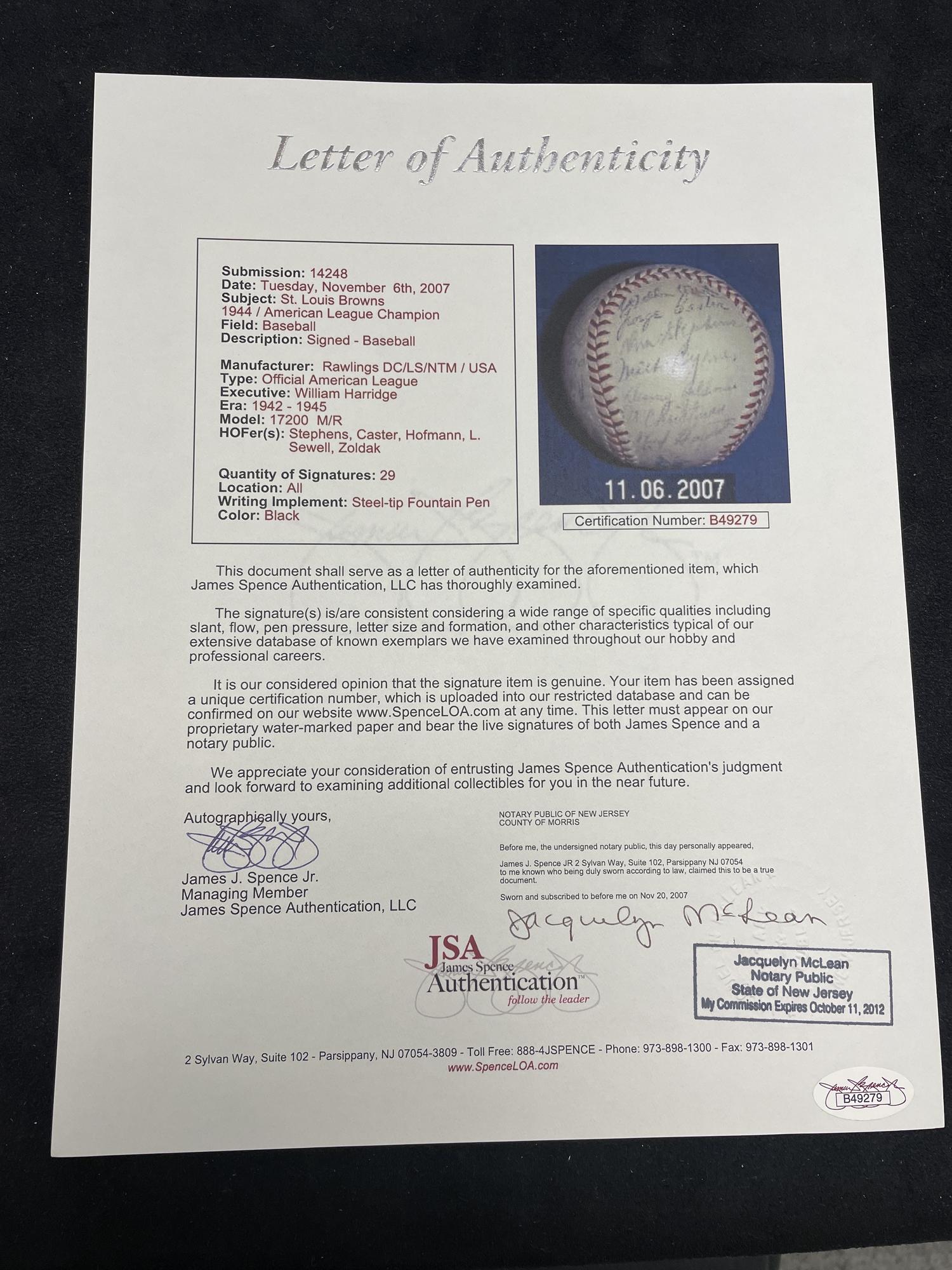 A 1944 St. Louis Browns Team Signed Autograph Baseball Featuring Multiple Hall of Famers (JSA Letter of Authenticity),