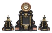 A Neoclassical Gilt Metal Mounted Marble Clock Garniture Height of clock 30 3/4 inches.
