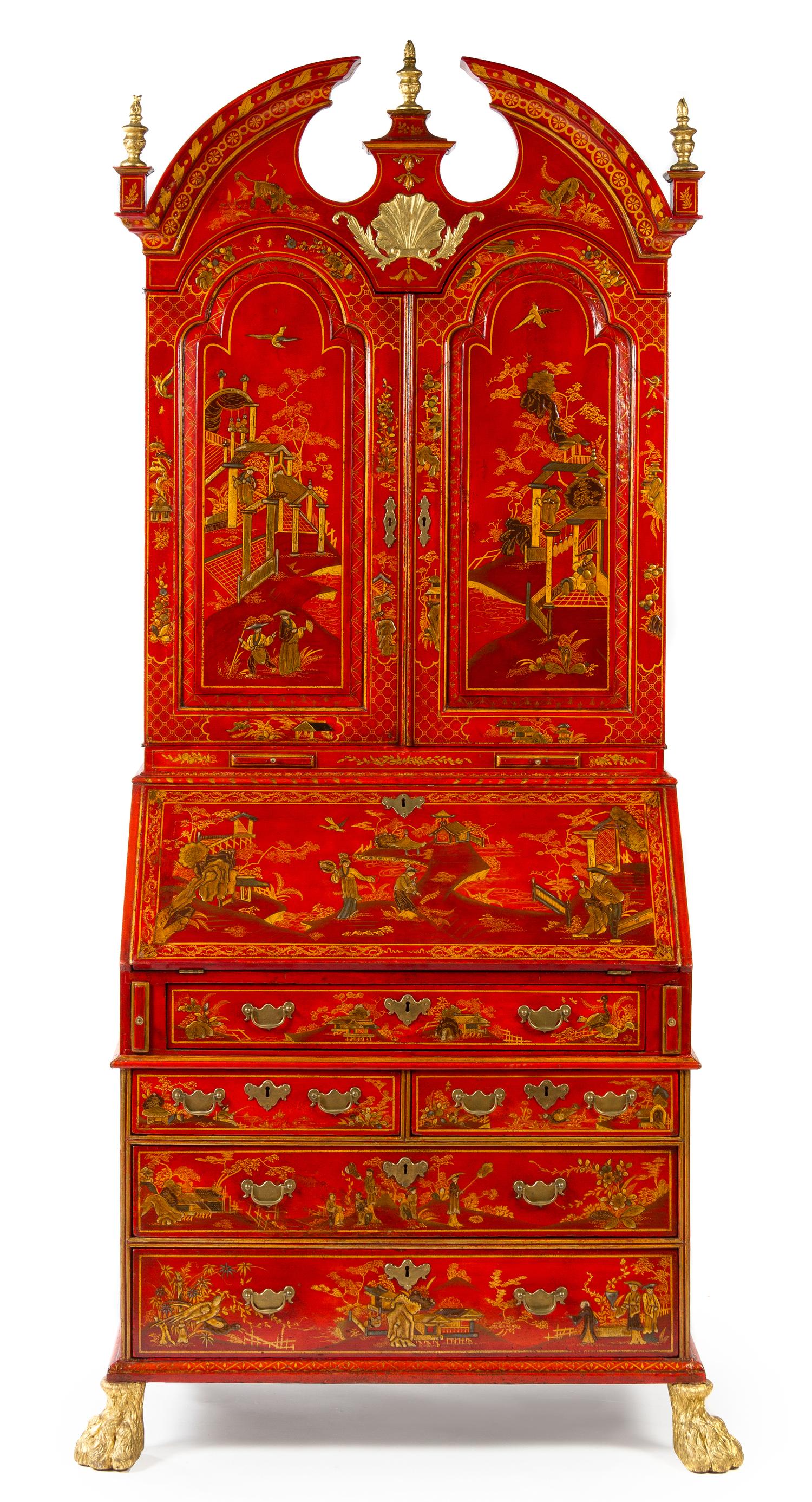 A Queen Anne Style Red Lacquered Secretary Height 88 x width 36 1/2 x depth 20 3/4 inches. — 19TH CENTURY