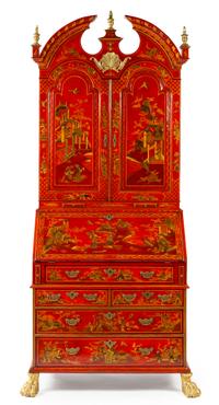 A Queen Anne Style Red Lacquered Secretary Height 88 x width 36 1/2 x depth 20 3/4 inches. — 19TH CENTURY