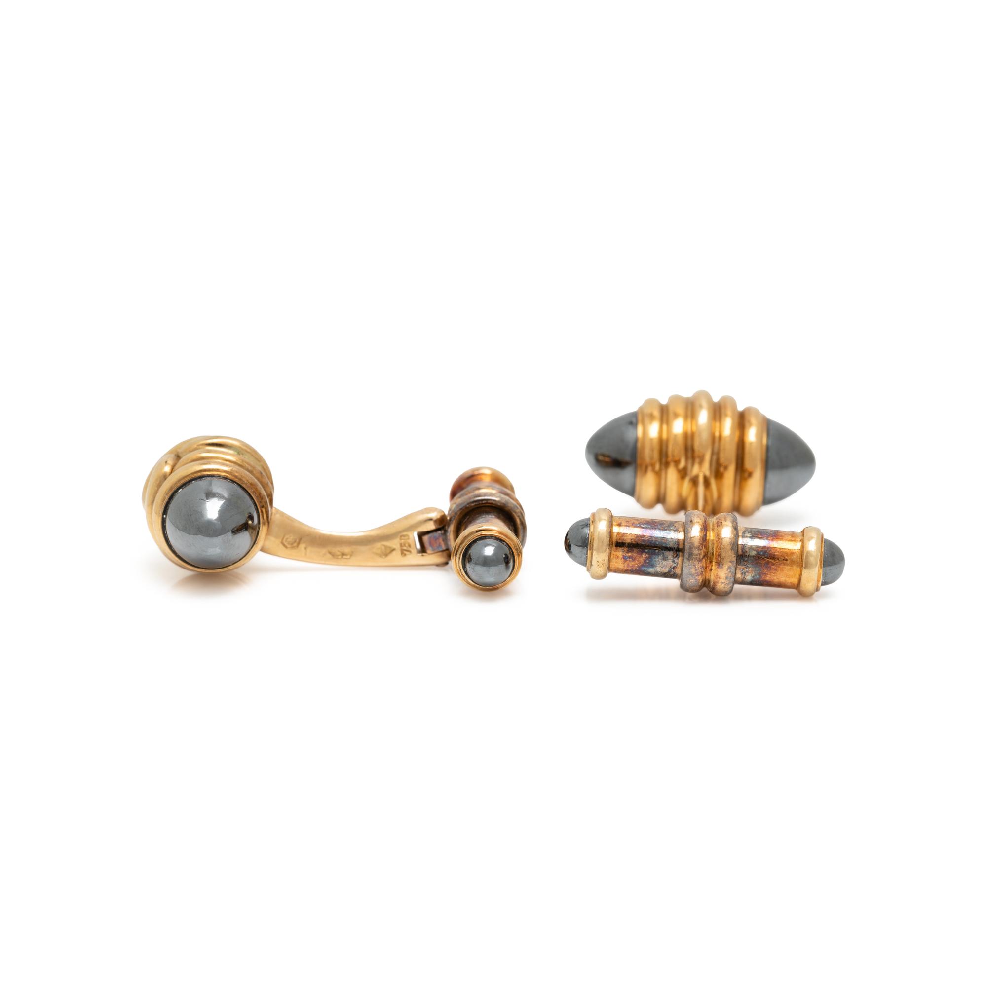 BULGARI, YELLOW GOLD AND HEMATITE CUFFLINKS
