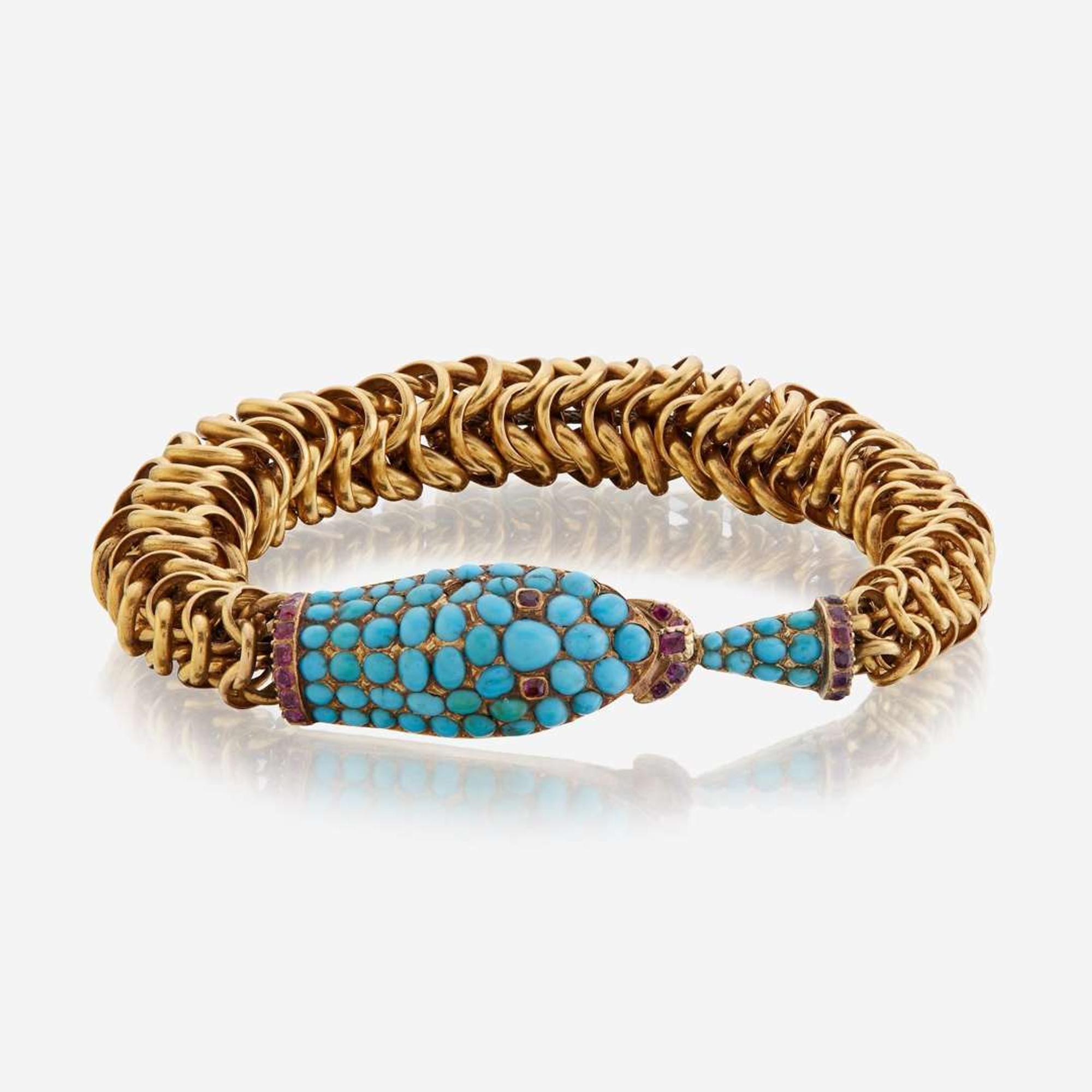 A Victorian fourteen karat gold, turquoise, and ruby bracelet
