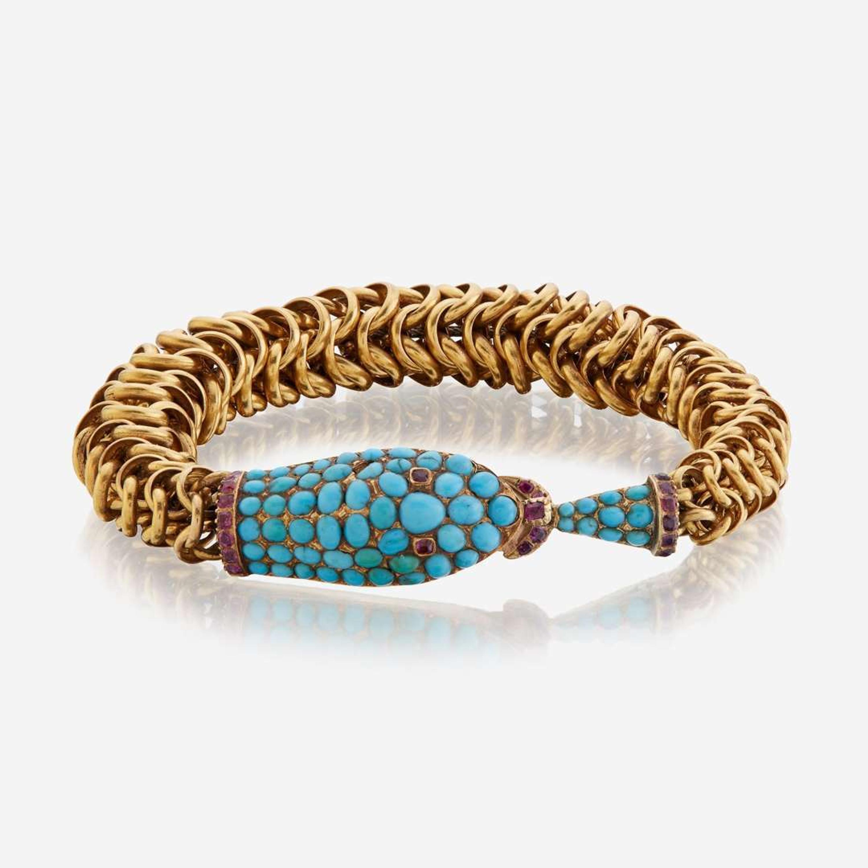 A Victorian fourteen karat gold, turquoise, and ruby bracelet