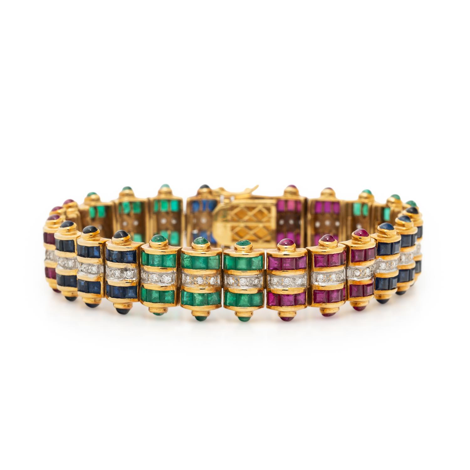 RUBY, EMERALD, SAPPHIRE, DIAMOND, AND YELLOW GOLD BRACELET