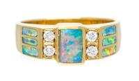 An 18 Karat Yellow Gold, Opal Inlay and Diamond Ring, David Freeland, Jr., 5.0 dwts.
