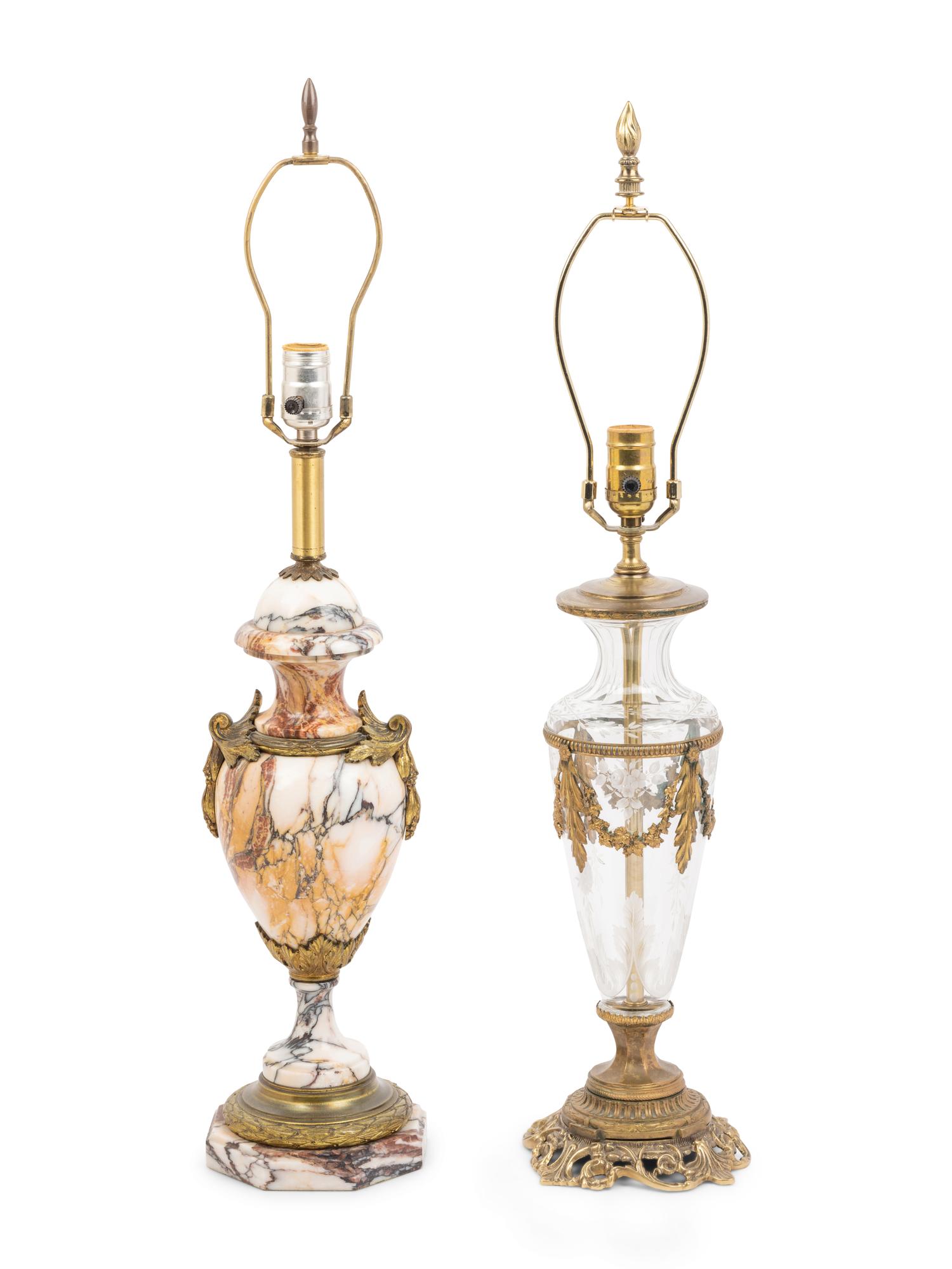 A French Gilt Bronze Mounted Marble Urn and a French Gilt Metal Mounted Cut Glass Vase, Both Mounted as Lamps