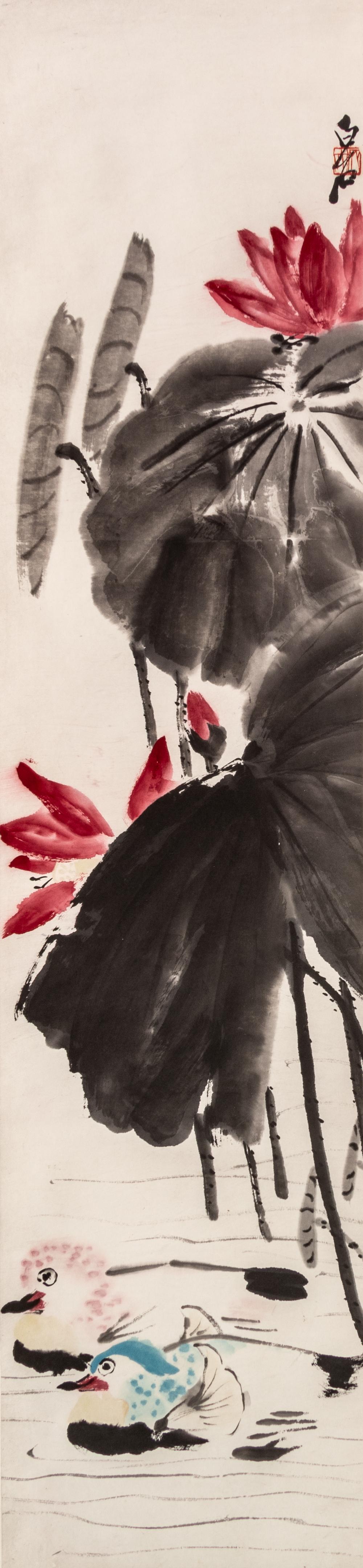 Attributed to Qi Baishi, (Chinese, 1864-1957), Camellieas, Gourds, Lotus and Mandarin Ducks