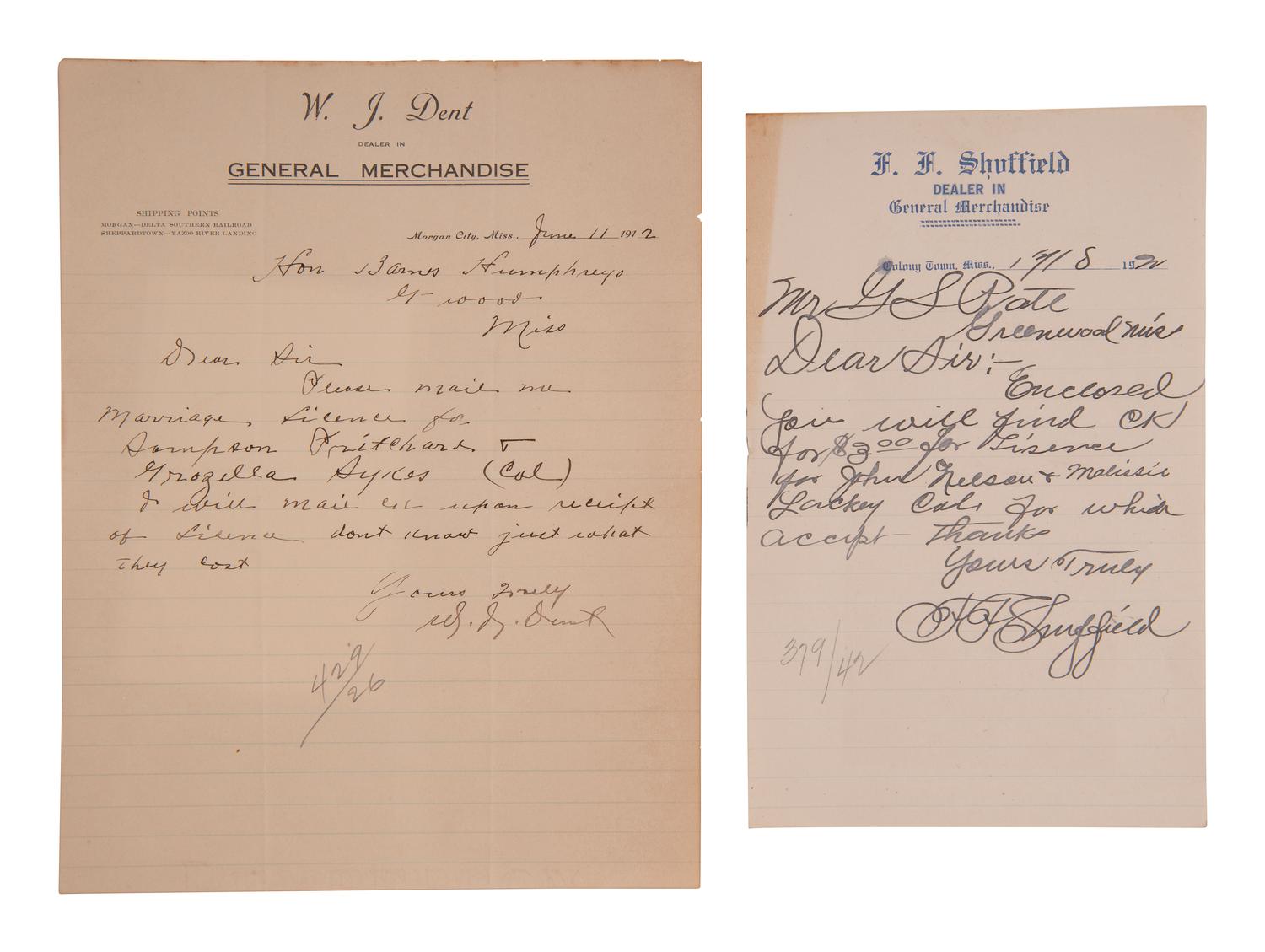 [MISSISSIPPI]. 2 letters from plantation owners ref. payment for Black couples' marriage licenses.