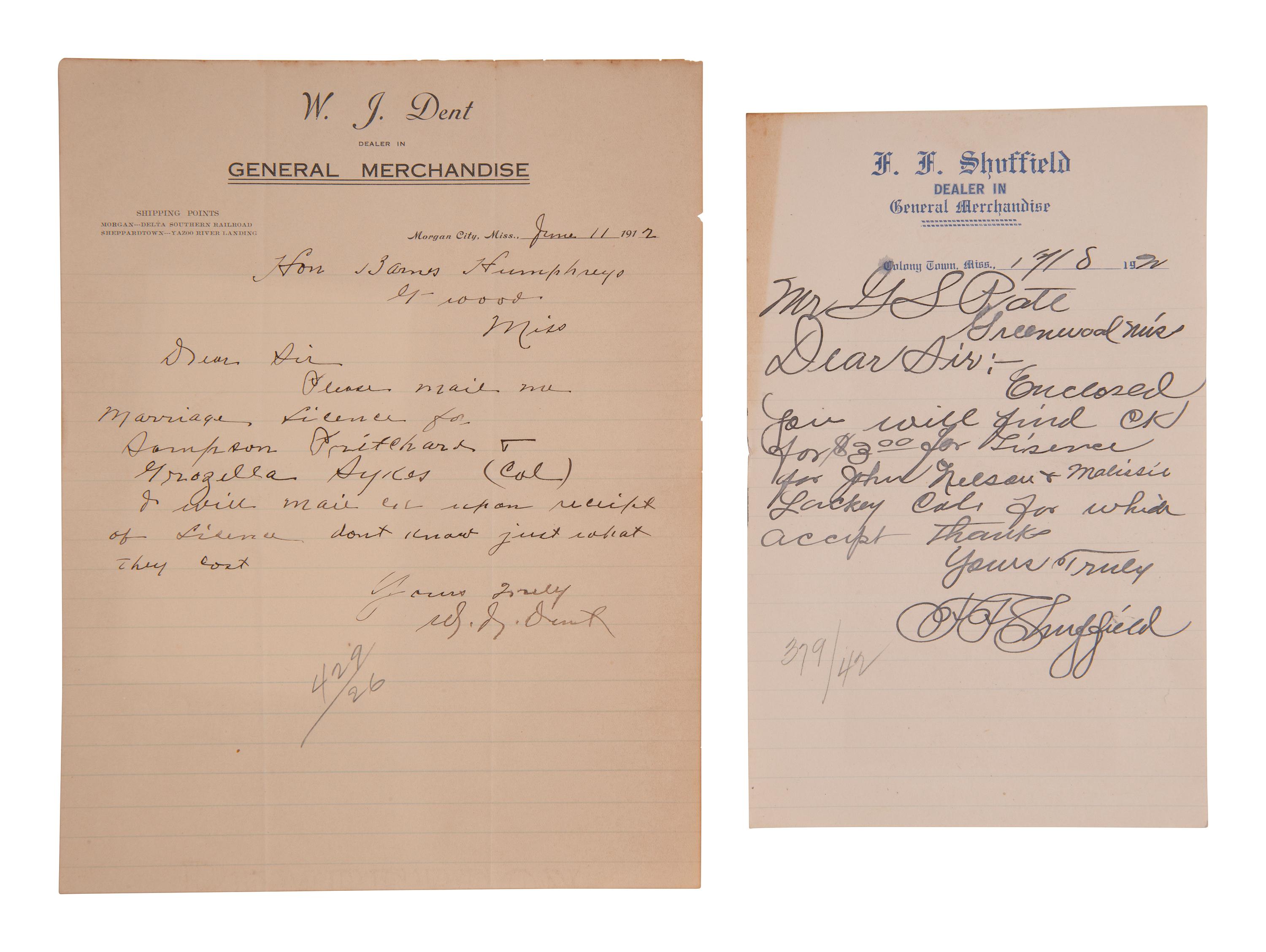 [MISSISSIPPI]. 2 letters from plantation owners ref. payment for Black couples' marriage licenses.