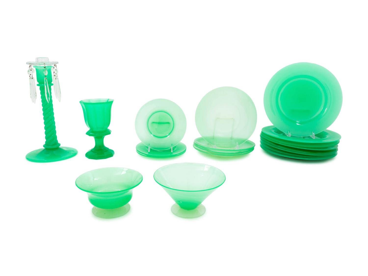 A Group of Green Opaline Glass Table Articles