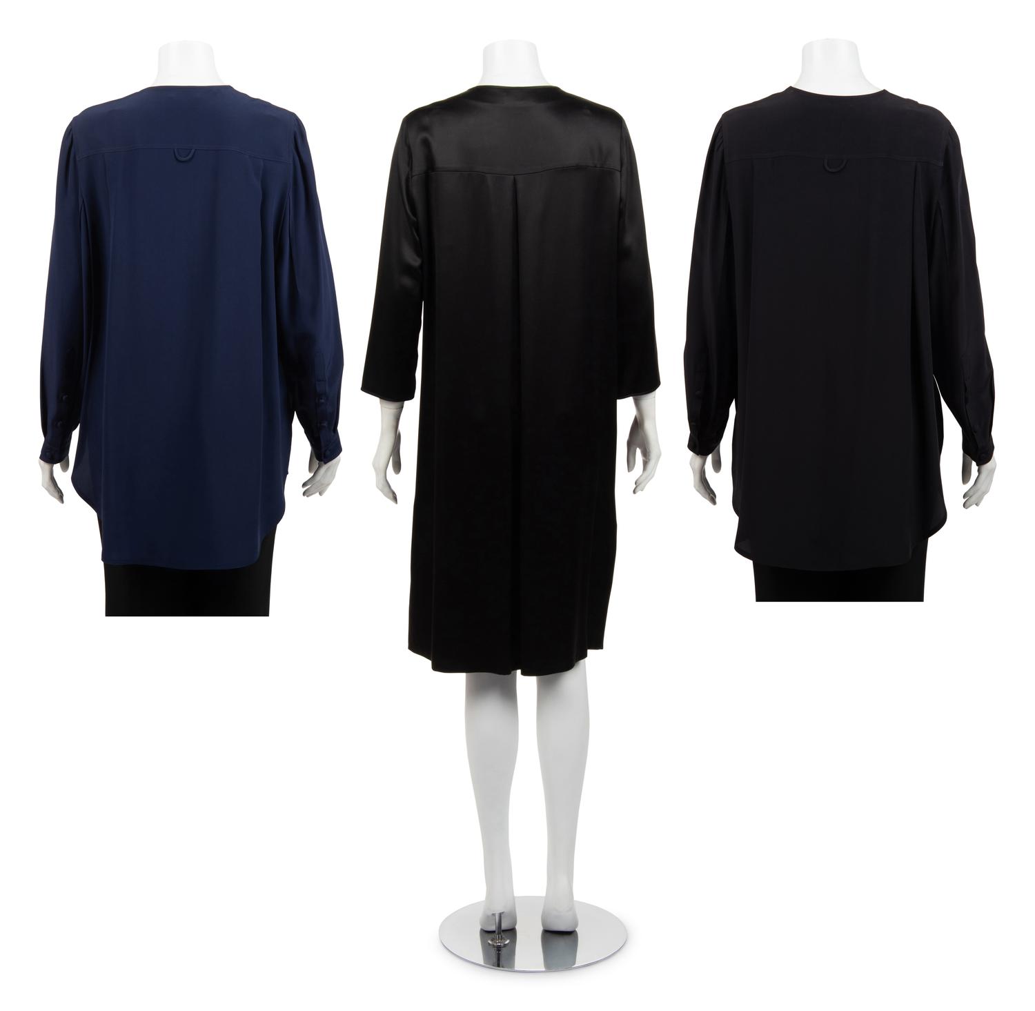Three Ralph Rucci Pieces: Two Silk Button Down Shirts and One Silk Shirt Dress