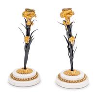 A Pair of French Tôle, Gilt Metal and Marble Candlesticks