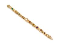 A Vintage 14 Karat Yellow Gold and Multi Gem Charm Slide Bracelet, 20.05 dwts.