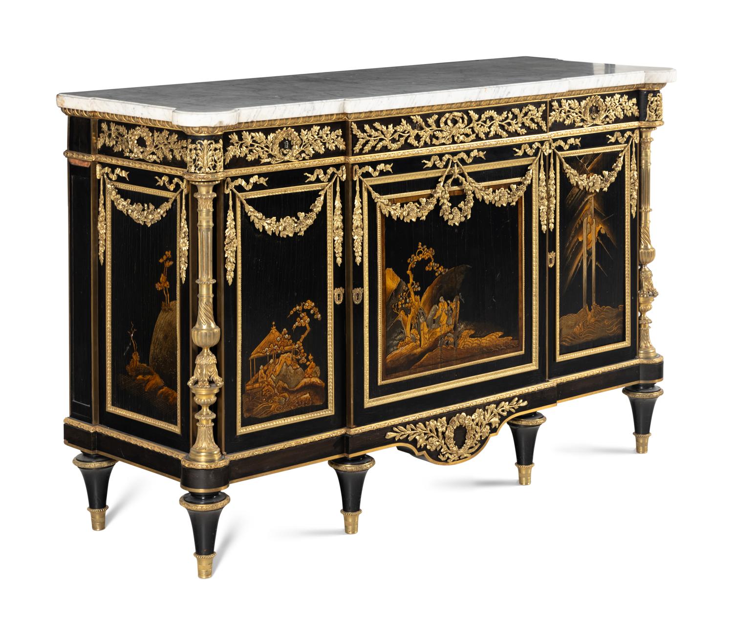 A Louis XVI Style Gilt Bronze Mounted Japanese Lacquer and Ebony Marble-Top Commode à Vantaux