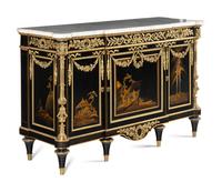 A Louis XVI Style Gilt Bronze Mounted Japanese Lacquer and Ebony Marble-Top Commode à Vantaux