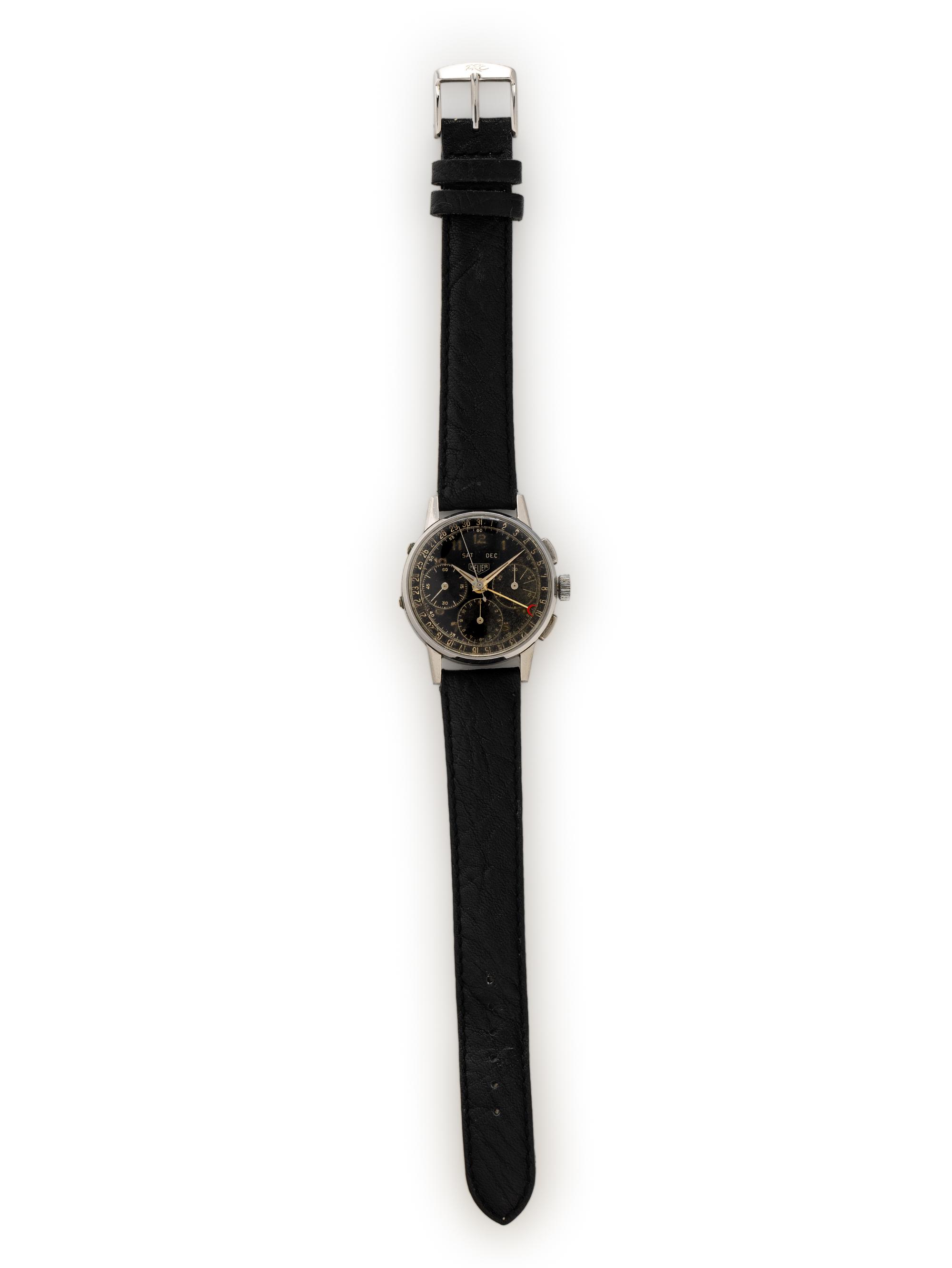 HEUER, REF. 2543 STAINLESS STEEL TRIPLE CALENDAR CHRONOGRAPH WATCH