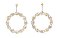 A Pair of Bicolor Gold, Colored Diamond and Diamond Pendant Earrings, 8.60 dwts.