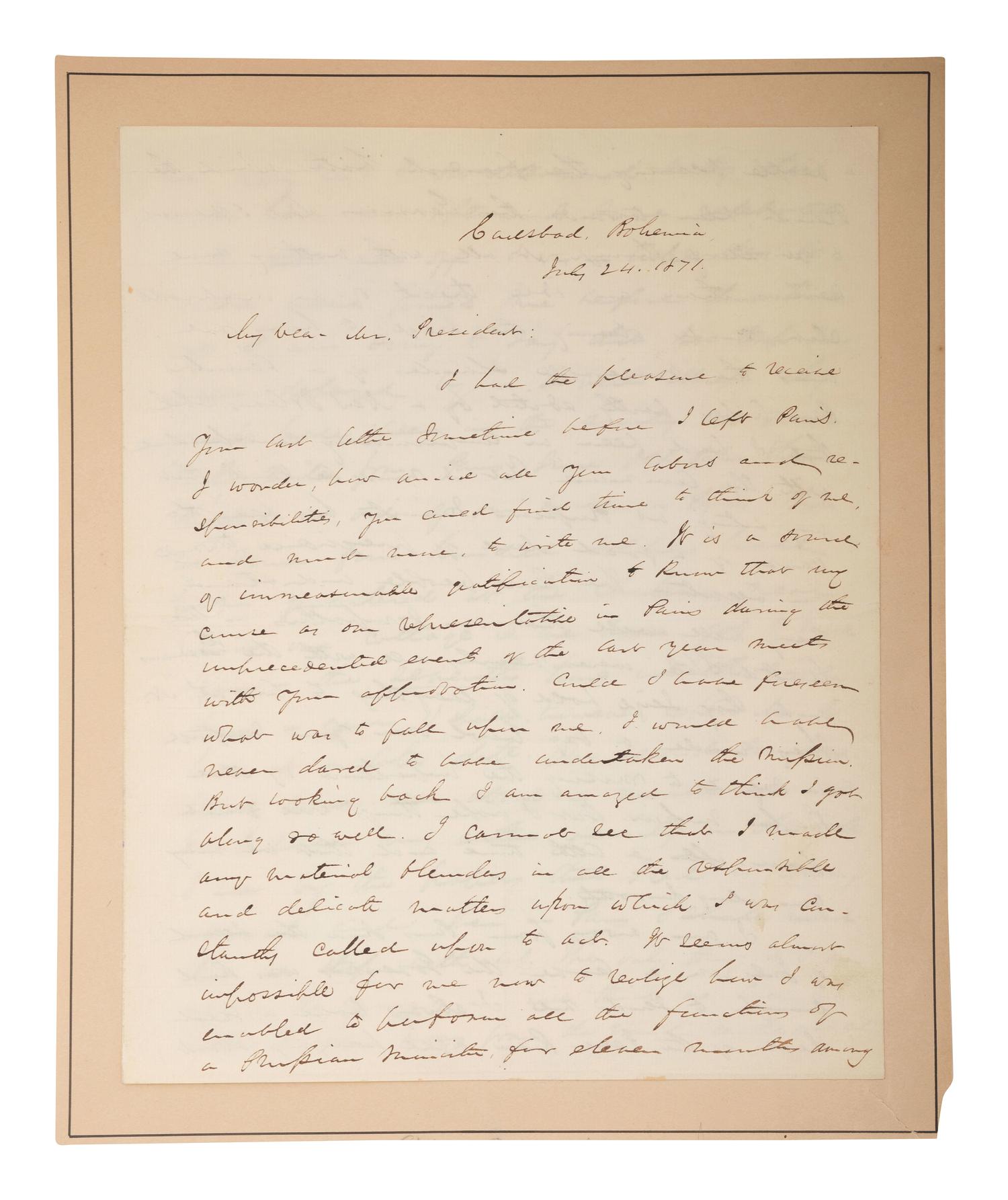 WASHBURNE, Elihu B. (1816-1887). Autograph letter signed ("E.B. Washburne") to President U.S. Grant, as Minister to France. Carlsbad, Bohemia, 24 July 1871.