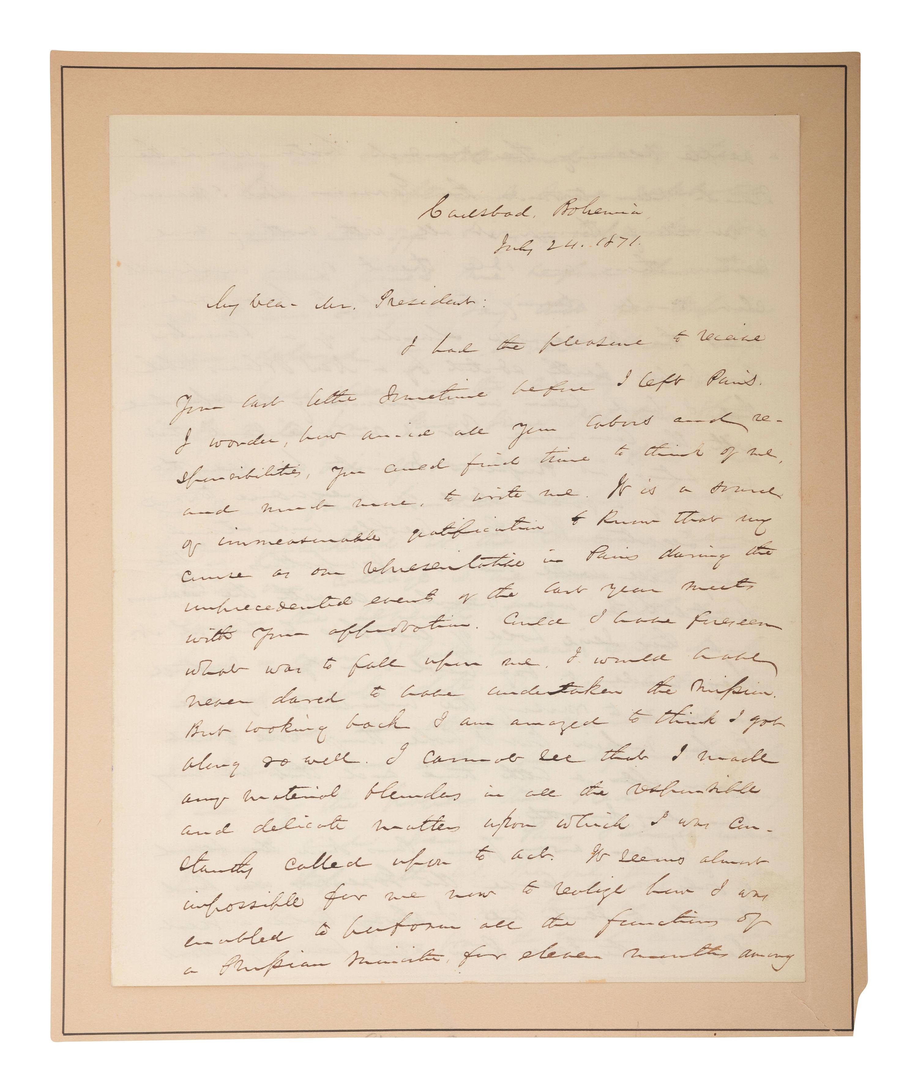 WASHBURNE, Elihu B. (1816-1887). Autograph letter signed ("E.B. Washburne") to President U.S. Grant, as Minister to France. Carlsbad, Bohemia, 24 July 1871.