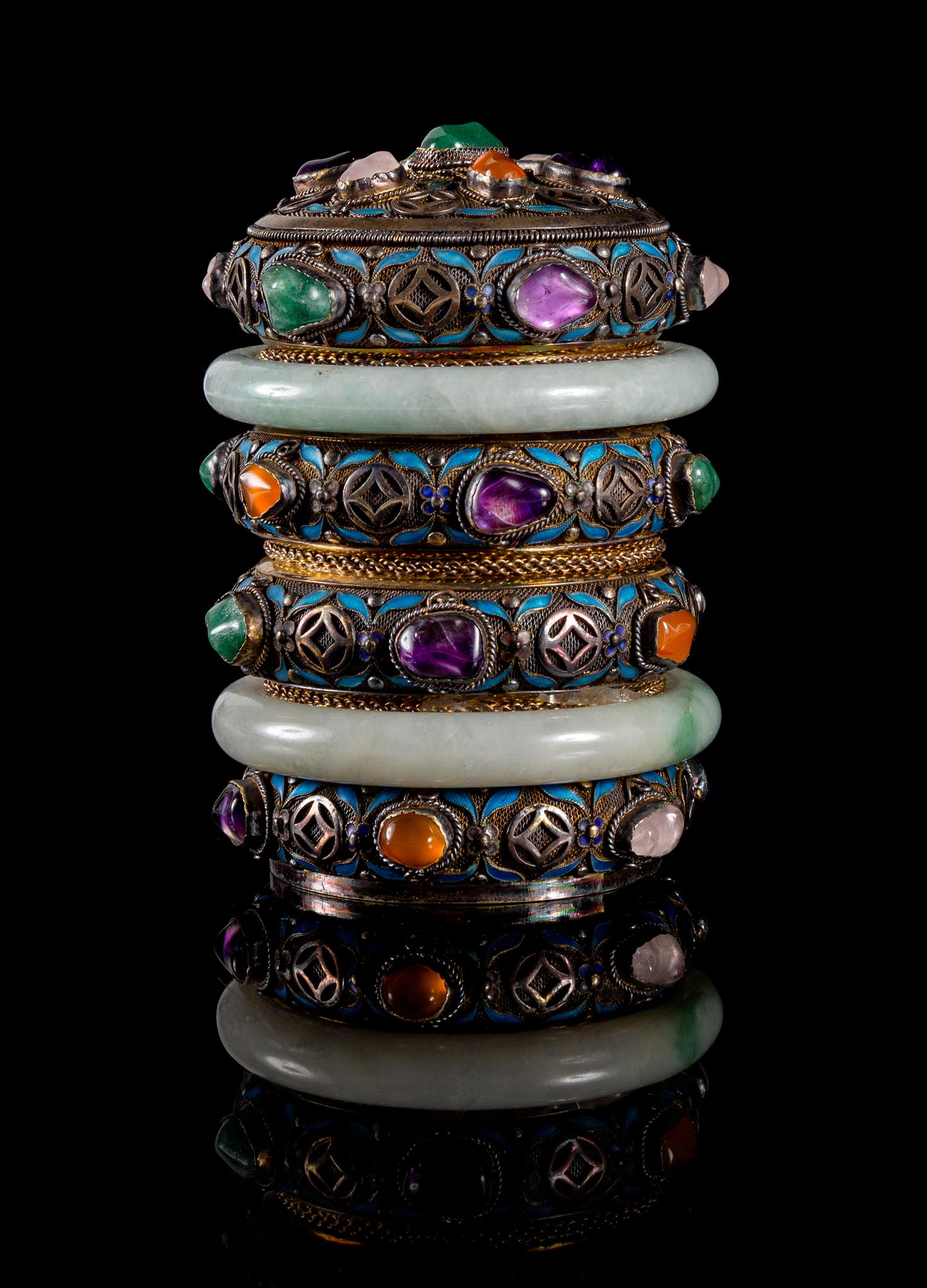 A Jade and Hardstone Decorated Jewelry Box Height 4 1/2 inches.