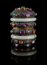 A Jade and Hardstone Decorated Jewelry Box Height 4 1/2 inches.