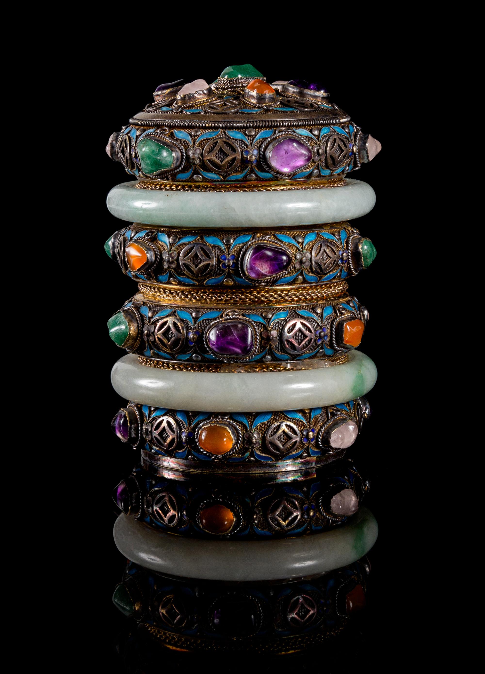 A Jade and Hardstone Decorated Jewelry Box Height 4 1/2 inches.