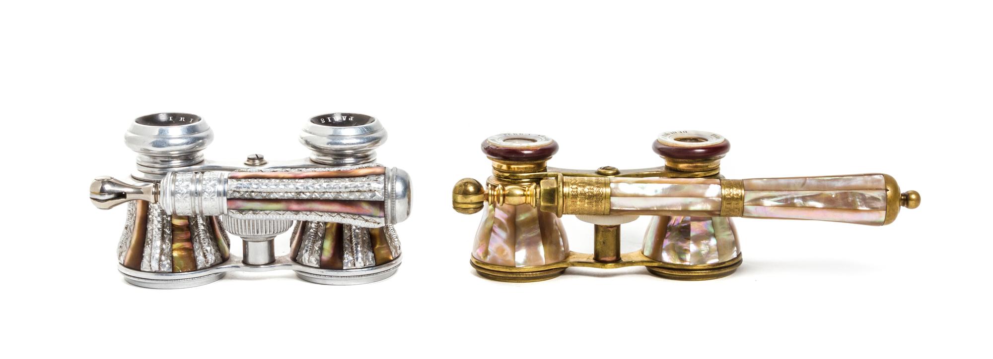 Two Pairs of French Mother-of-Pearl Veneered Opera Glasses, Width of wider 4 1/8 inches.
