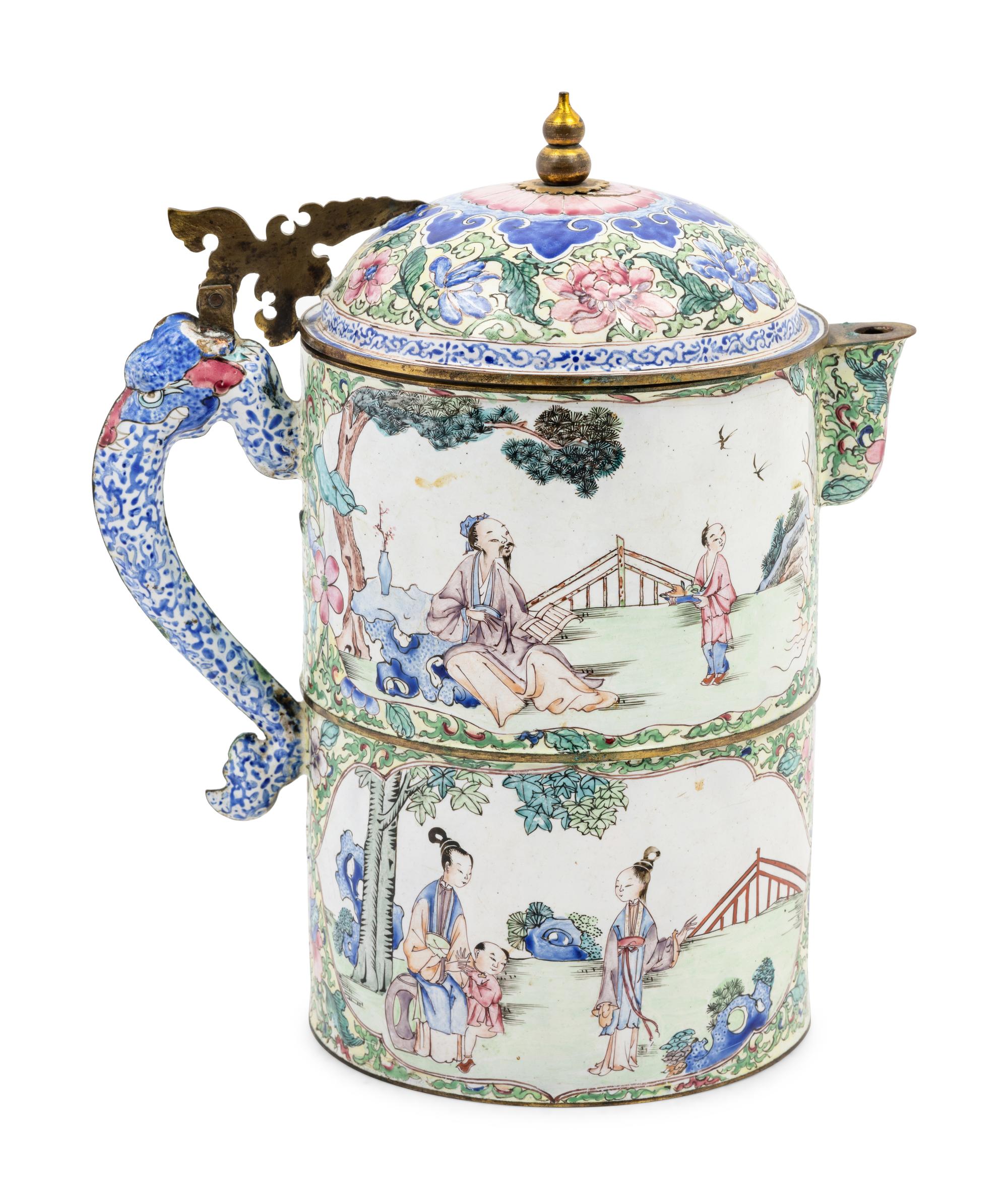 A Canton Enamel on Copper Wine Pot