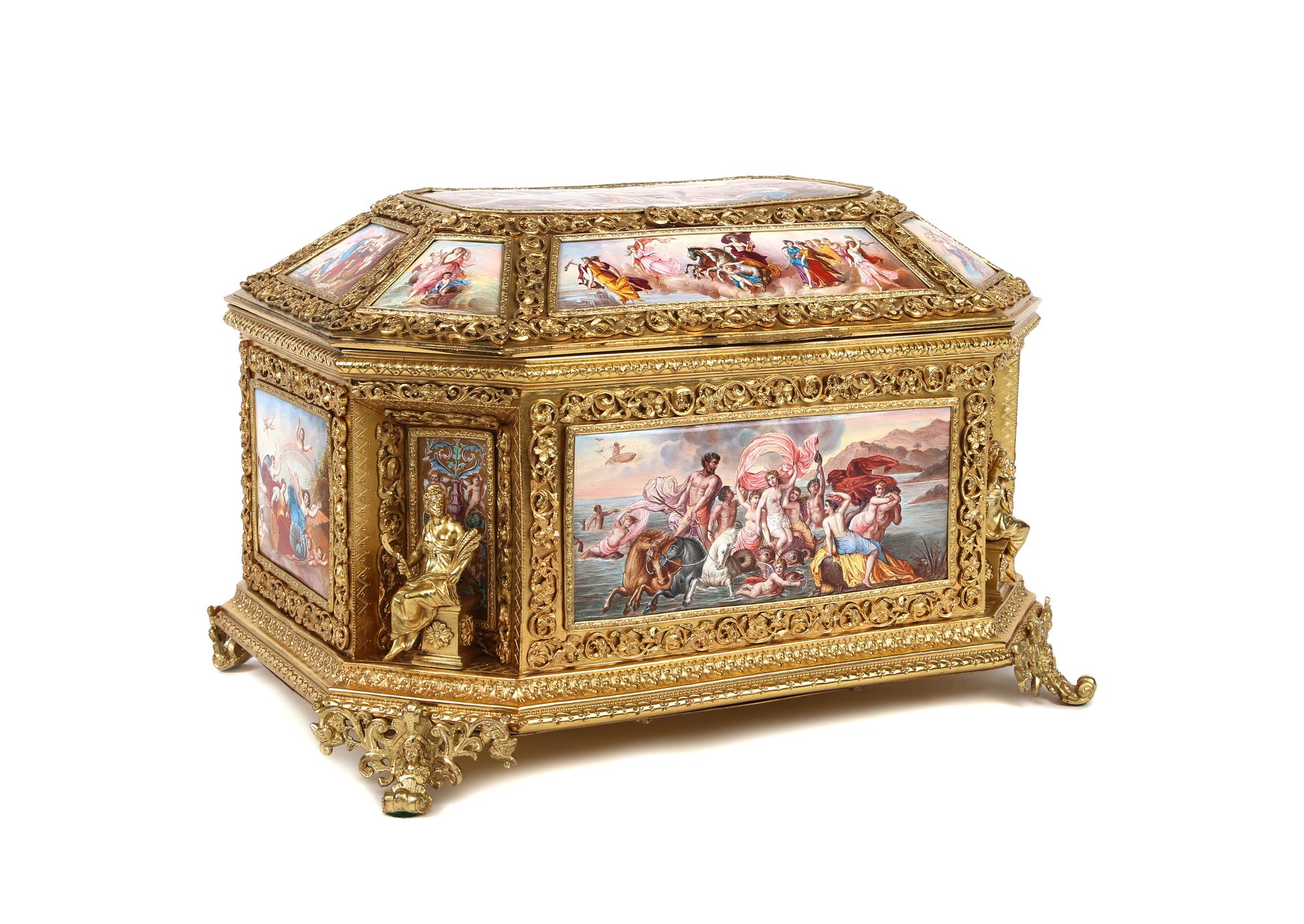 A Continental Gilt Metal and Painted Enamel Hexagonal Casket Height 8 3/4 x width 13 1/4 x 10 inches. — 19TH CENTURY