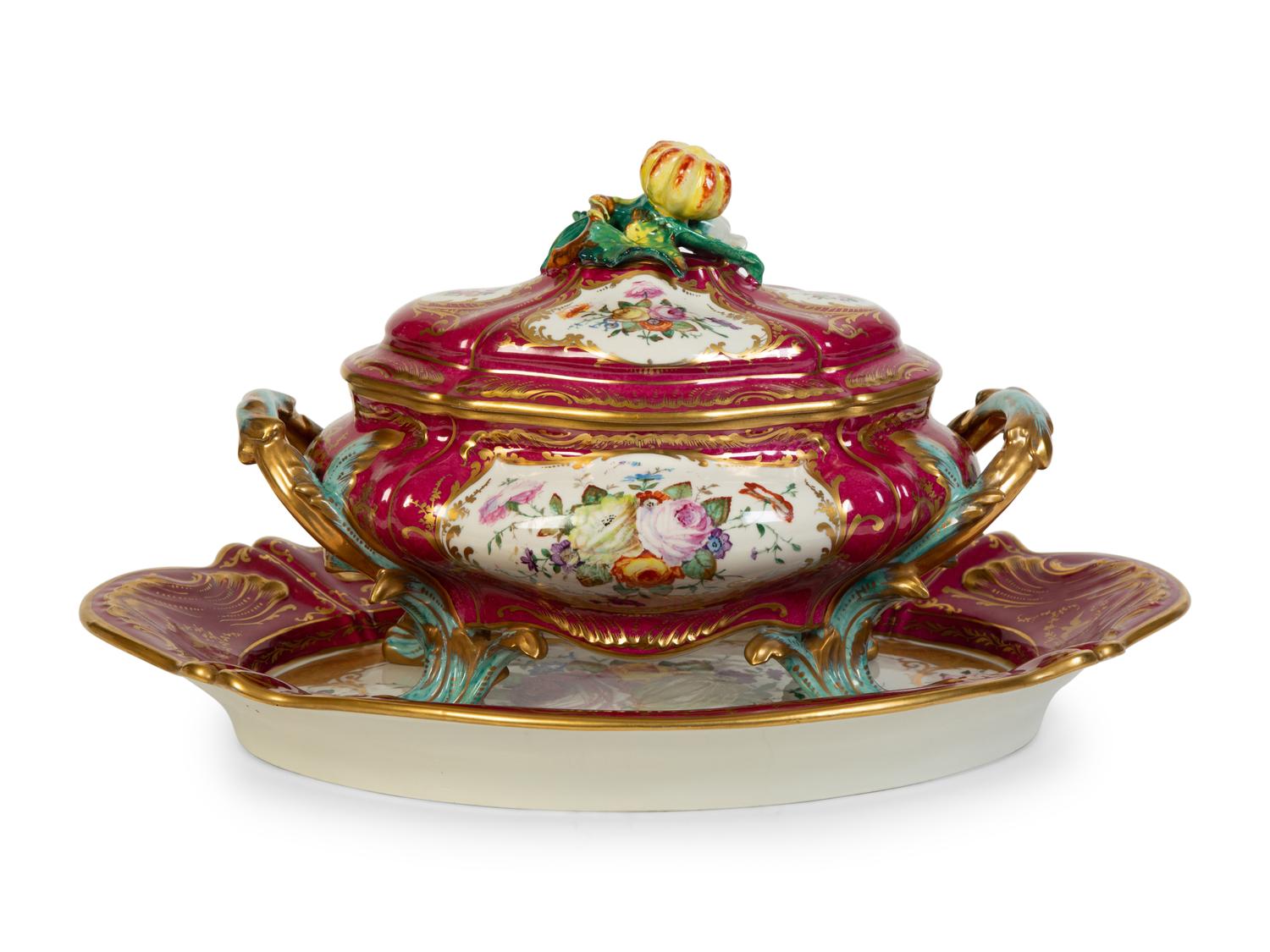 A Camille Le Tallec Hand Painted Porcelain Tureen and Platter — 19th Century