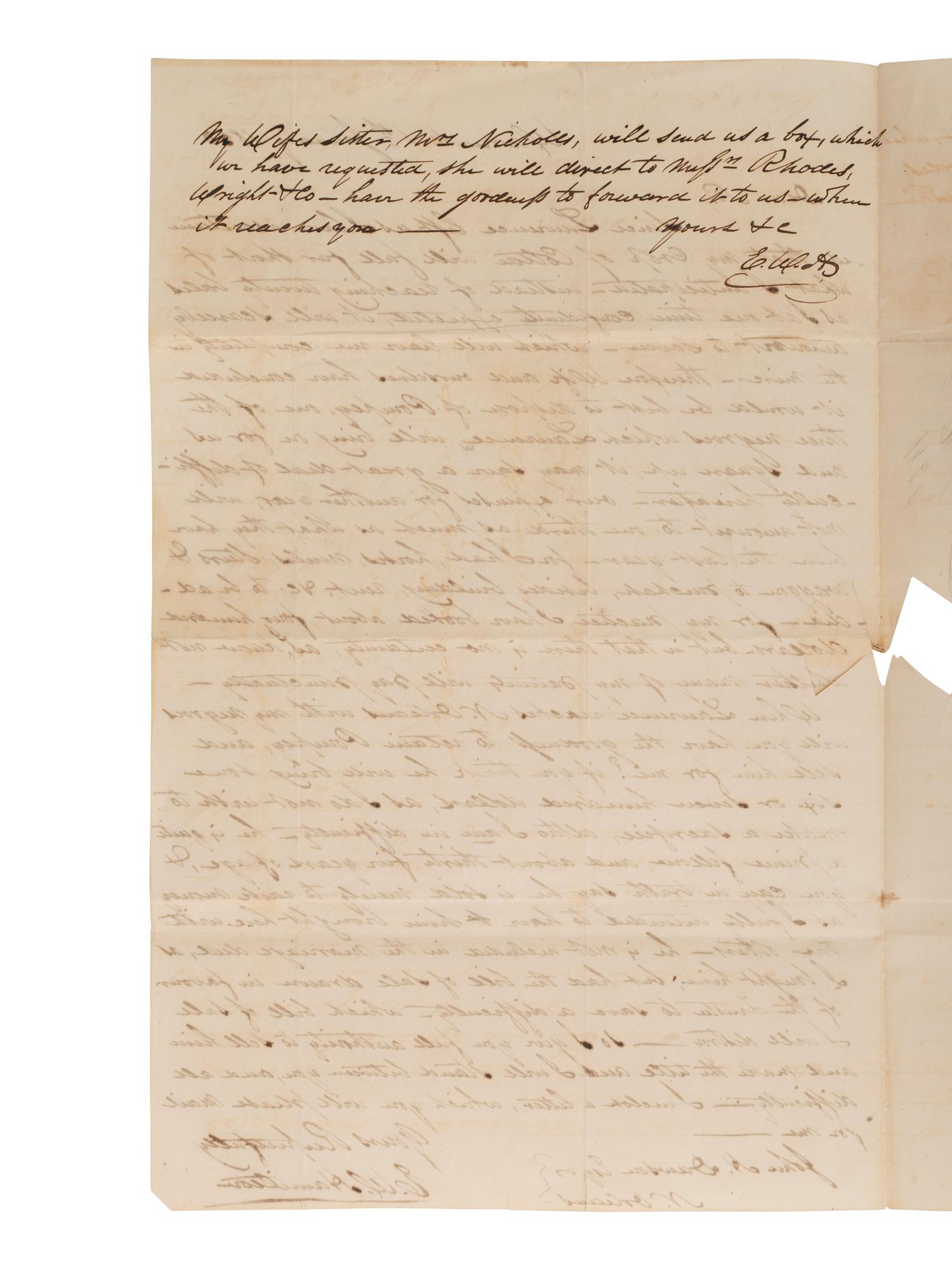 [ENSLAVEMENT]. Pair of letters lamenting the possible sale of a 35-year-old slave named Pompey. 1850.