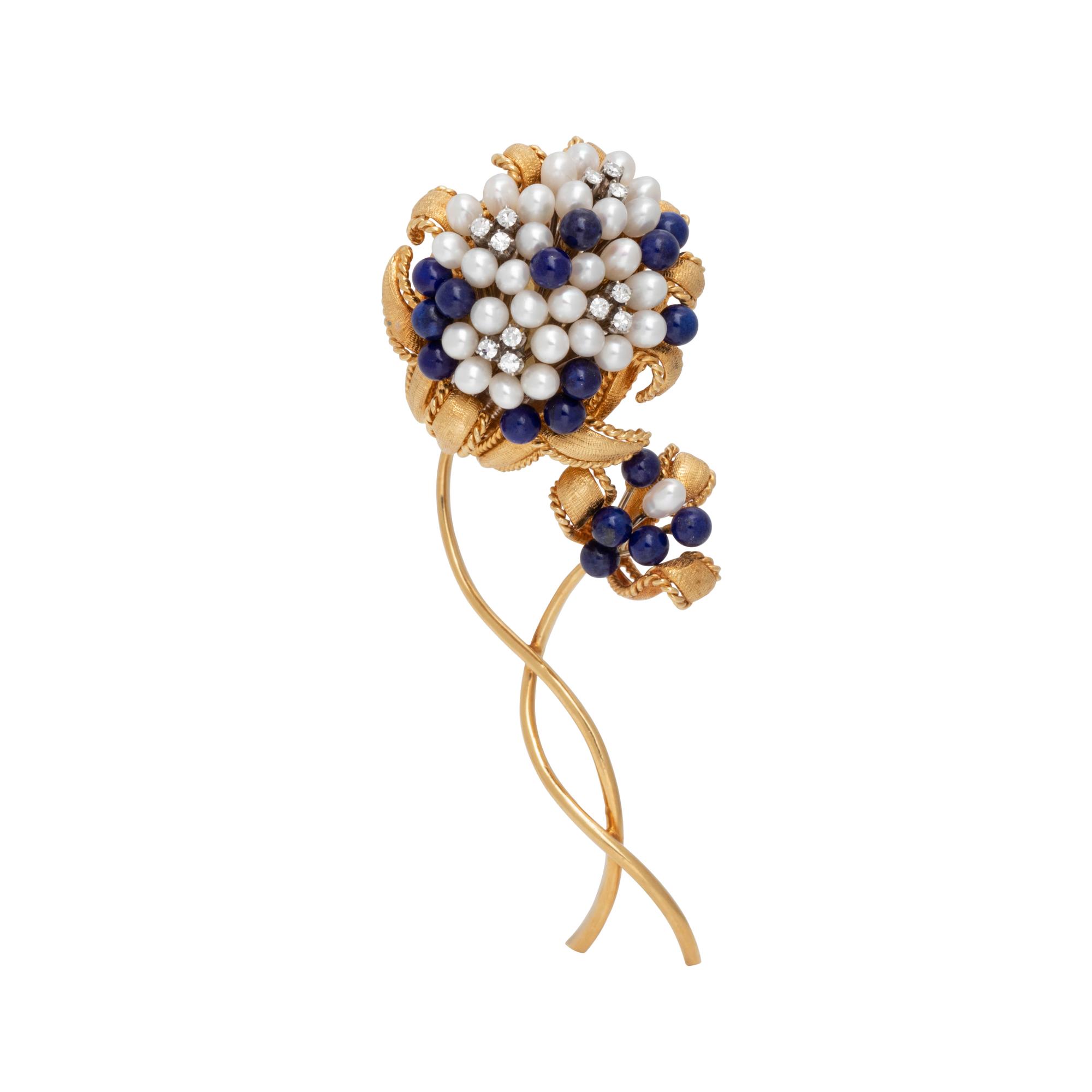 YELLOW GOLD, CULTURED PEARL, LAPIS LAZULI AND DIAMOND FLOWER BROOCH