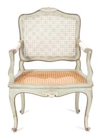 A Pair of Louis XV Cane Back Painted Side Chairs Height 35 1/2 inches. — 20TH CENTURY