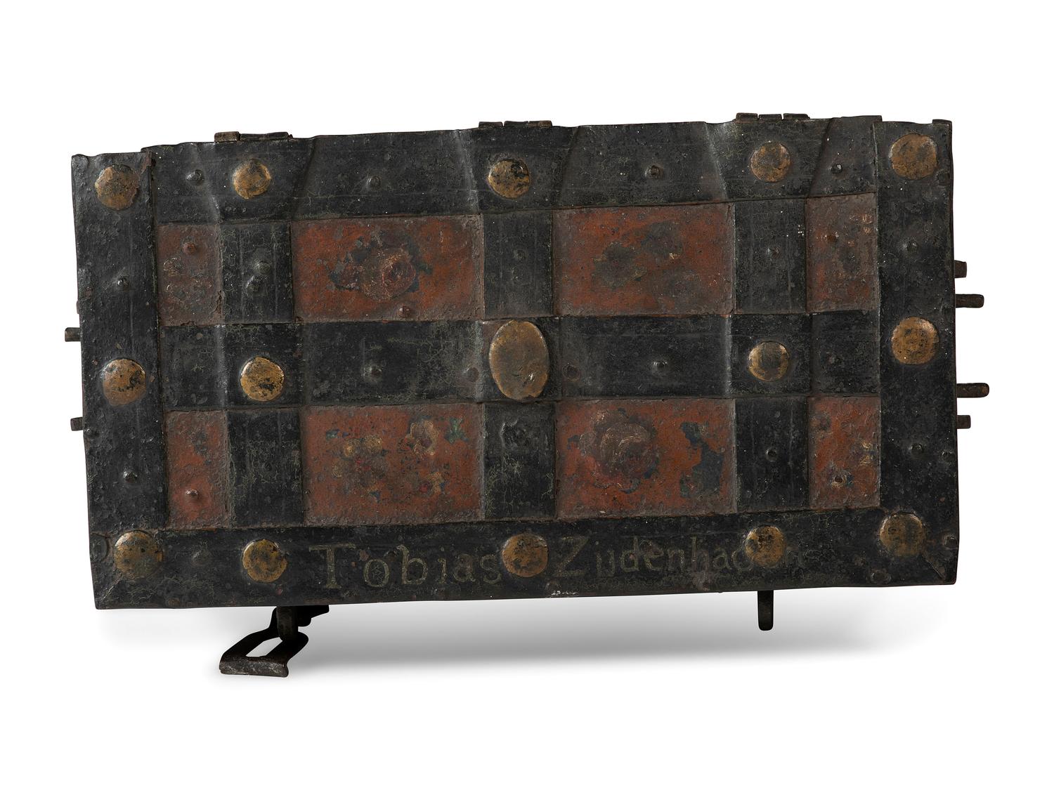 A Continental Paint-Decorated and Iron Mounted Strong Box