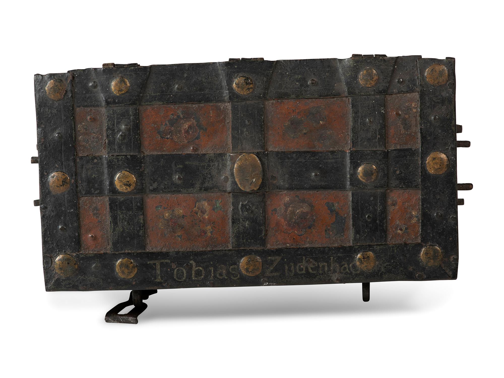 A Continental Paint-Decorated and Iron Mounted Strong Box