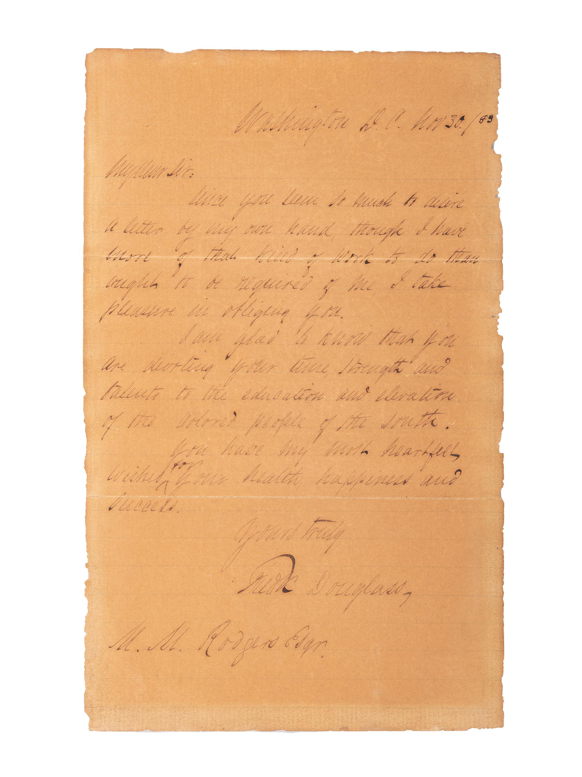 DOUGLASS, Frederick (1817-1895). Autograph letter signed ("Fredk. Douglass"), to M. M. Rodgers. Washington DC, 30 November 1888.