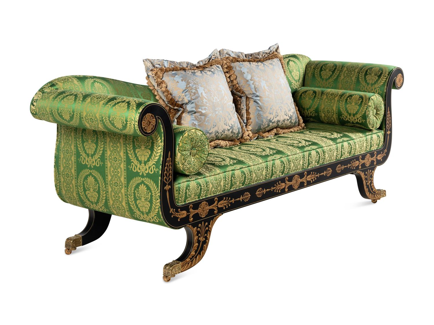 A Classical Style 'Baltimore' Black-Painted and Gilt Settee with Scalamandré Upholstery