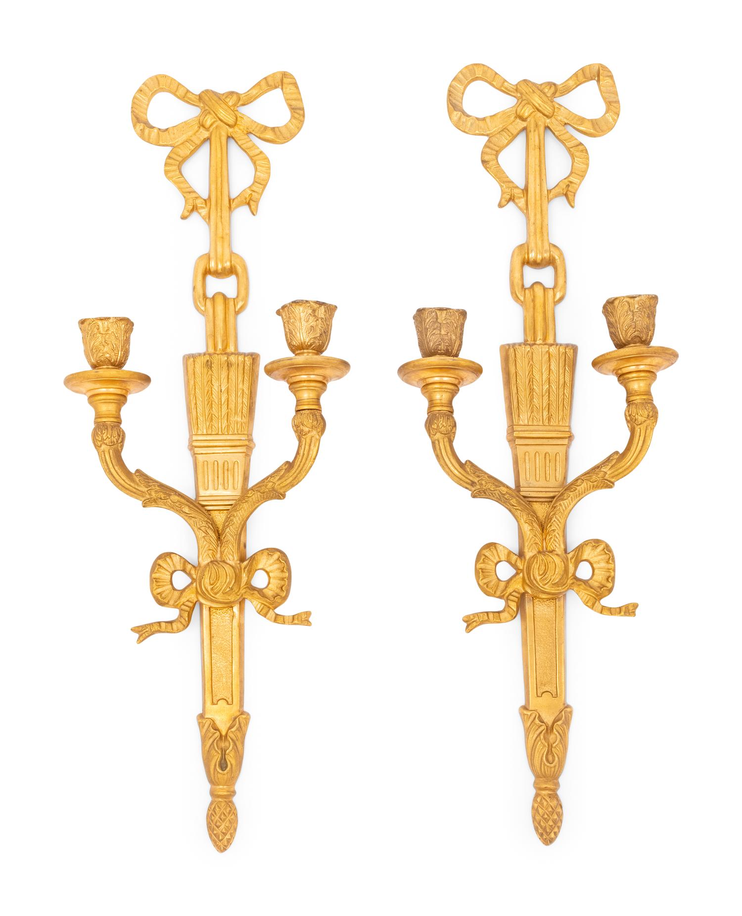 A Pair of Neoclassical Style Gilt Metal Two-Light Sconces