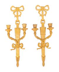 A Pair of Neoclassical Style Gilt Metal Two-Light Sconces