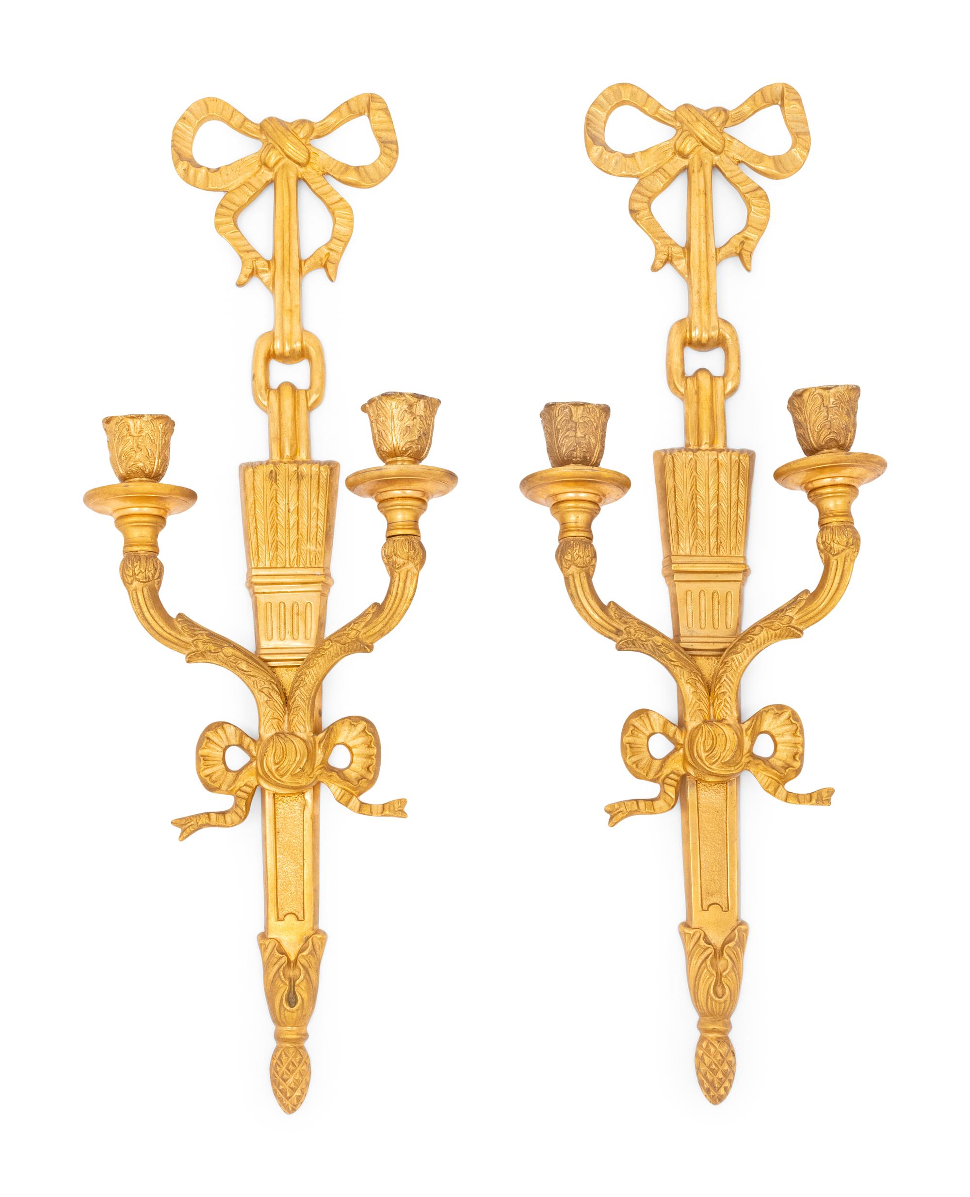 A Pair of Neoclassical Style Gilt Metal Two-Light Sconces
