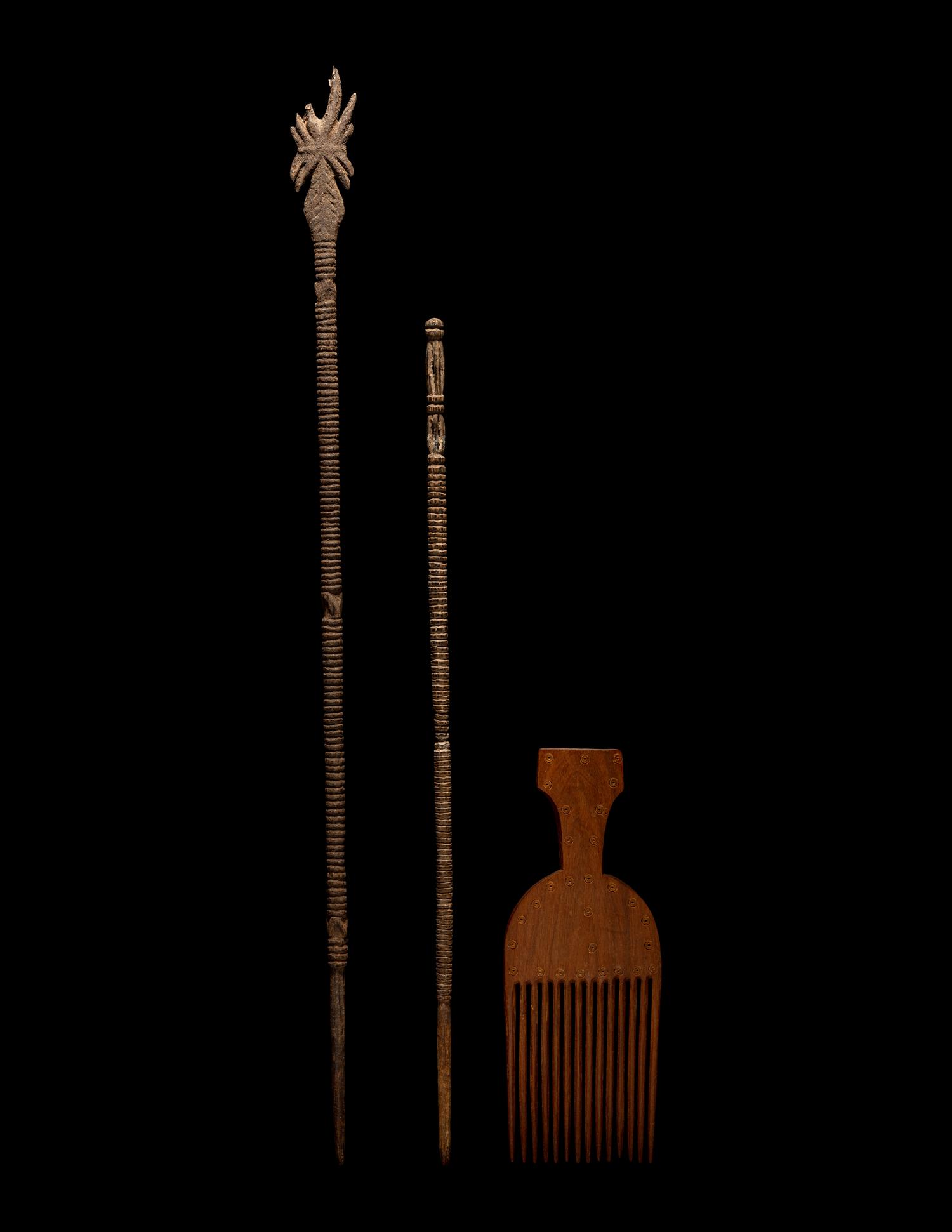 Four Colima Female Figures, Two Akan Wood Spears, and a Wood Comb