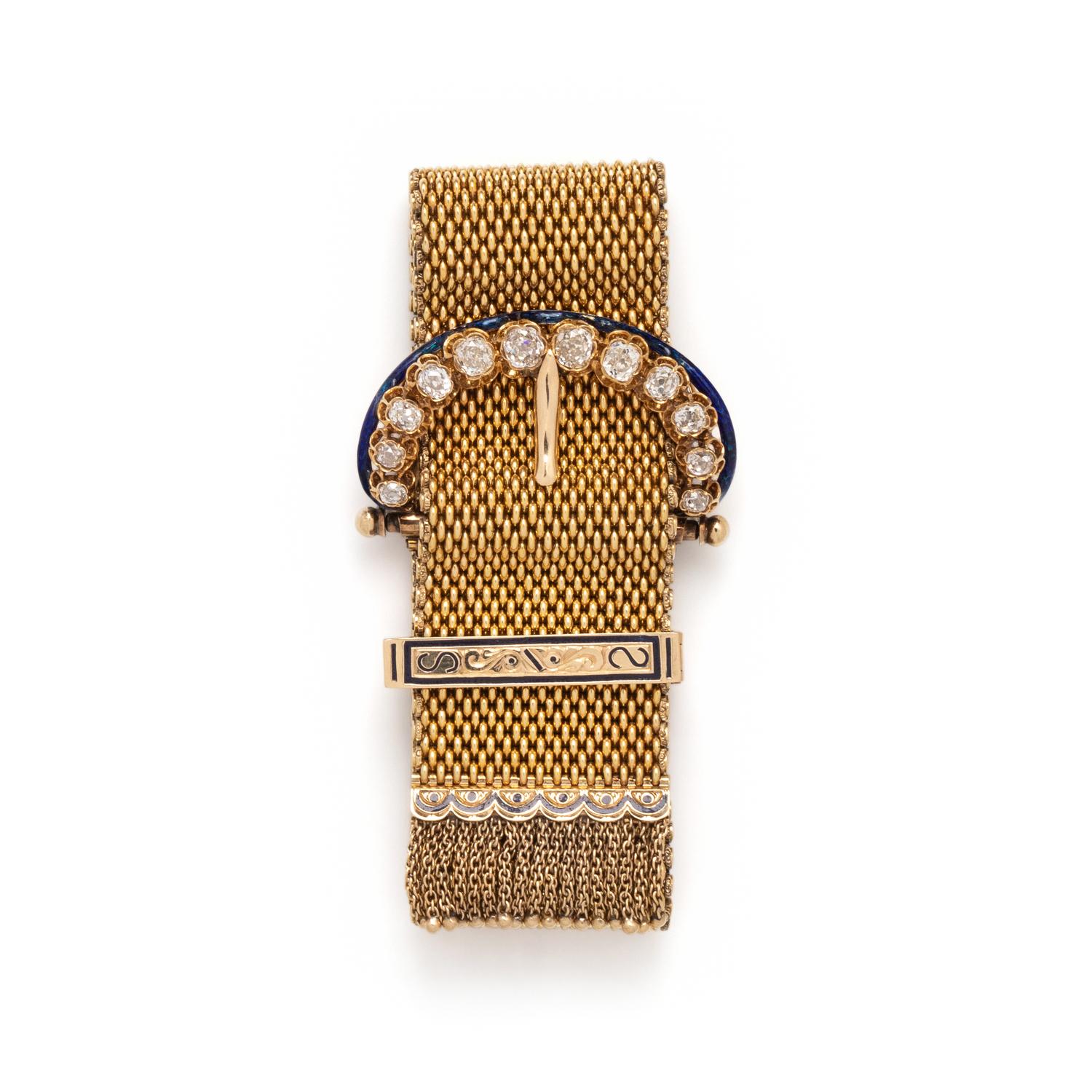 ANTIQUE, YELLOW GOLD, DIAMOND AND ENAMEL TASSEL BUCKLE BRACELET