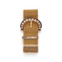ANTIQUE, YELLOW GOLD, DIAMOND AND ENAMEL TASSEL BUCKLE BRACELET