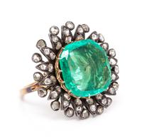 A Victorian Silver, Yellow Gold, Emerald and Diamond Ring, 6.80 dwts.