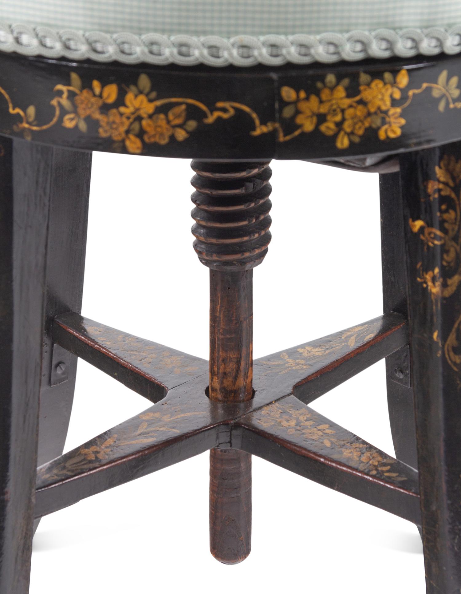 A Victorian Polychrome-Decorated Ebonized Piano Stool