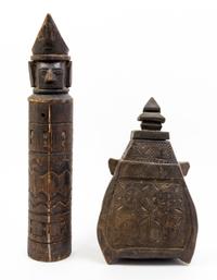 A Batak Wood Medicine Container Height of first 21 3/4 inches.