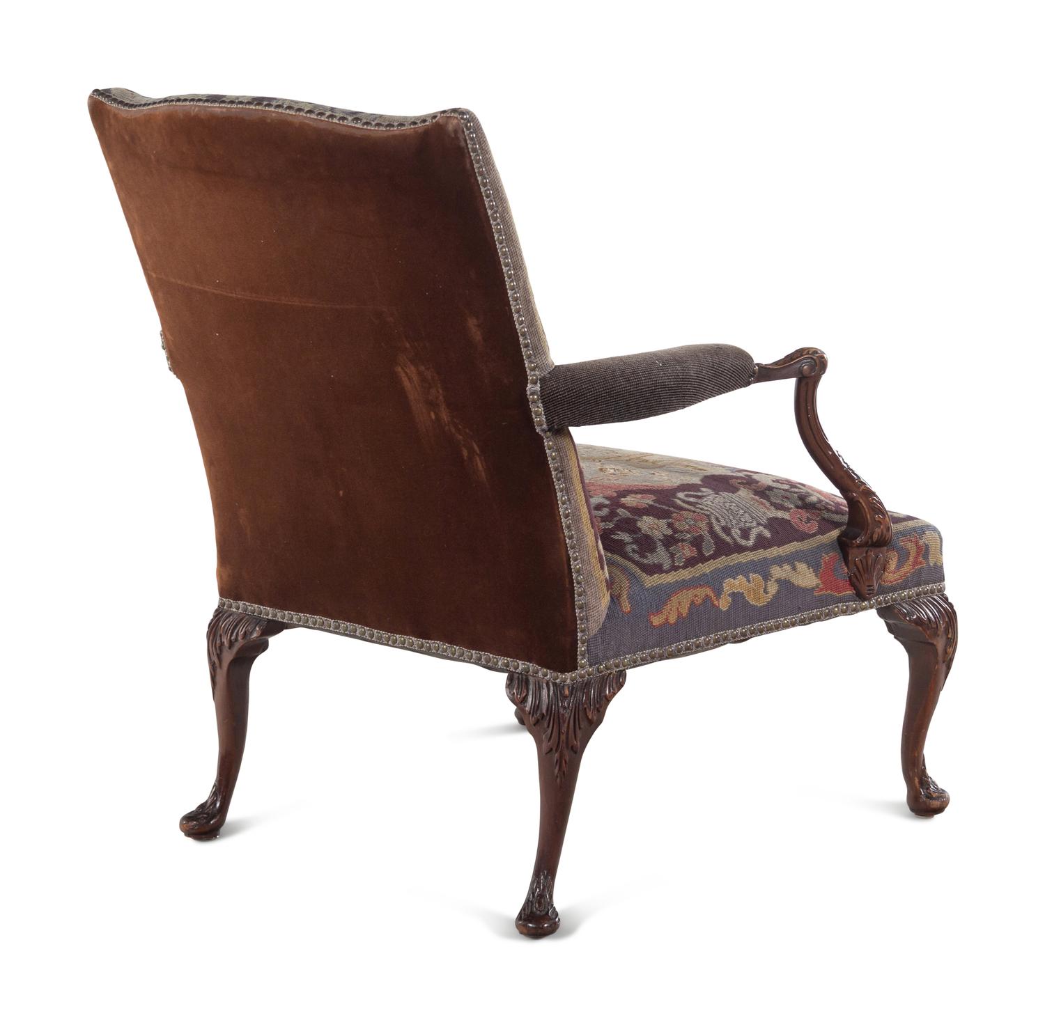 A Georgian Style Needlepoint-Upholstered Walnut Library Chair